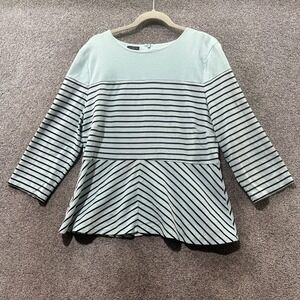 Talbots Peplum Blouse Top Women XL Mint Green Striped 3/4 Sleeve Preppy Office